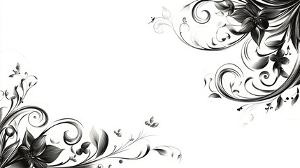 The image features an elegant floral design that occupies the lower right corner. It consists of intricate black swirls and curves, adorned with various stylized flowers and leaves.