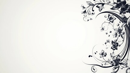 The image features an elegant floral design that occupies the lower right corner. It consists of intricate black swirls and curves, adorned with various stylized flowers and leaves.
