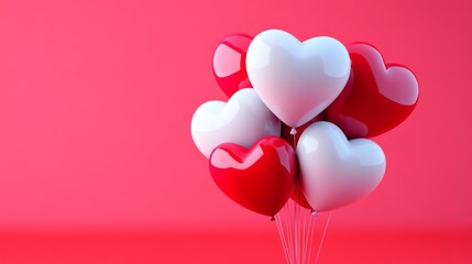 A bunch of red and white balloons with hearts on them. The balloons are tied together and are floating in the air. Concept of joy and celebration