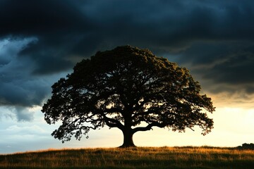 Obraz premium A lone, silhouetted tree stands tall against a dramatic, stormy sky.