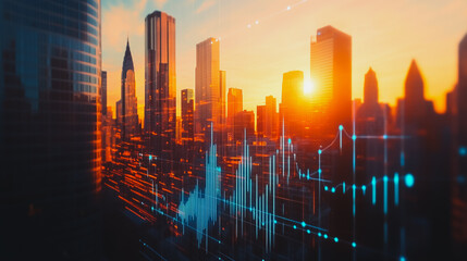 Fototapeta premium Smart digital Innovation city with connection network reciprocity over the sunset cityscape. of future wireless digital city and social media networking systems that connects people with in city