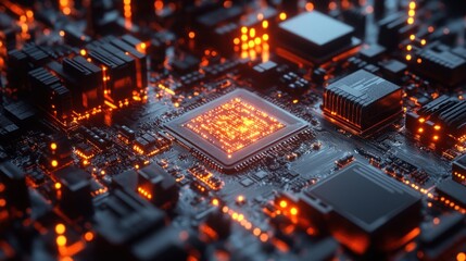 Fototapeta premium Closeup of a lit-up computer processor chip on a circuit board.