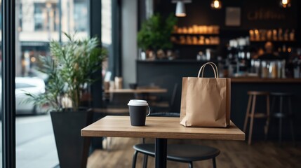 Fototapeta premium Interior of a modern cafe with a wooden table, takeaway coffee cup, and paper bag, shelves with bottles, plants, and blurred urban street view through large windows visible.