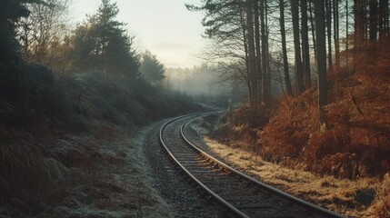 Fototapeta premium Frosty morning sunlight on a curving railway track through a misty woodland.