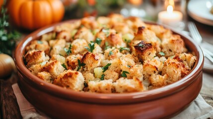 Savory classic bread Thanksgiving stuffing with herbs and vegetables served in a dish for a festive gathering