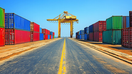 Global Trade Route: A vibrant perspective of shipping containers at a port, with a large crane and a road leading towards the horizon, symbolizing global commerce and logistics. 