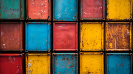 Colorful Shipping Container Wall: A vibrant and eye-catching display of colorful shipping containers stacked in a grid pattern.  The weathered metal surfaces and bold hues create a dynamic visual.