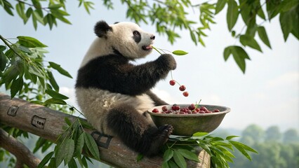 Obraz premium A cute panda bear sitting on a green leafy branch eating cherries from a bowl, fruit lover, cute animals