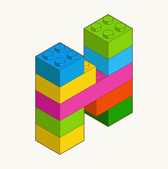 Obraz premium Letter N from Plastic building blocks. Colored bricks isolated on white background. Vector isometric 3d illustration.