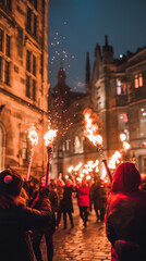 Naklejka premium Nighttime Hogmanay torchlight procession through historic streets