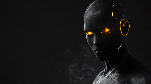 A detailed cyborg character with bright, glowing eyes, symbolizing advanced robotics.