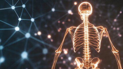 An artistic representation of the human skeletal system with glowing bones and interconnecting lines set against a dark, abstract background, Creative style