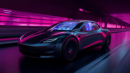 Fototapeta premium A sleek, glowing futuristic car speeding through a neon-lit highway.