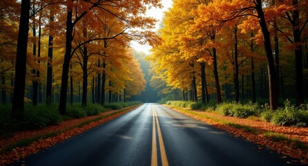 Obraz premium One black asphalt trail surrounded by summer trees, viewed from above in close-up, ultra-realistic 3D rendering with vibrant greenery.