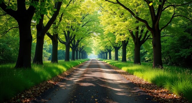 Many intersecting different Black Dirt path surrounded by spring trees, view at human eye level, ultra-realistic, featuring a mix of dark earthy paths and vivid spring greenery.