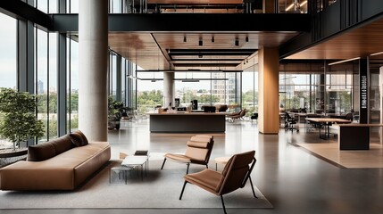 Spacious modern office interior with large windows, stylish furniture, and open work areas featuring desks and chairs, with cityscape views in the background.
