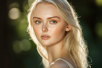 Naklejka premium Elegant Headshot of a Blonde Woman with Radiant Skin and Soft Lighting