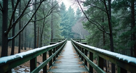 Fototapeta premium Many intersecting different green wood boardwalks surrounded by winter trees, viewed at human eye level, ultra-realistic and clear.
