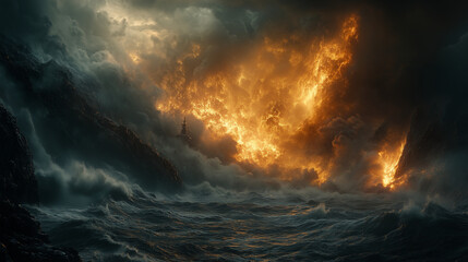 Fiery Apocalypse:  A dramatic and apocalyptic scene of a fiery eruption engulfing a stormy sea, creating a breathtaking and terrifying spectacle of nature's power.  