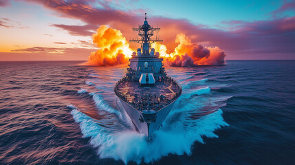 Obraz premium Destroyer at Sunset: A powerful destroyer ship slices through the ocean waves, a fiery sunset erupting behind it, creating a dramatic and awe-inspiring scene. The image evokes strength, power.