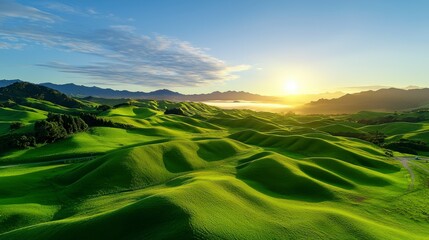 Obraz premium Lush green hills bathed in golden sunlight, showcasing a serene landscape with rolling terrain and a clear blue sky.