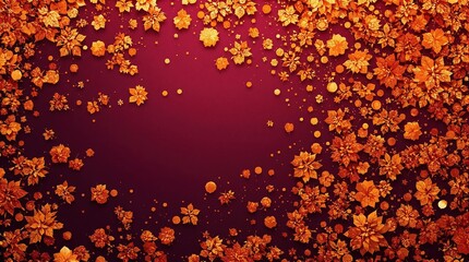 Dry orange metallic leaves scattered on a purple background creating a mesmerizing geometric pattern, metallic foliage, geometric patterns, dry leaves