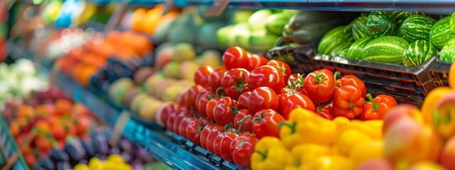 Colorful vegetables on grocery store shelves