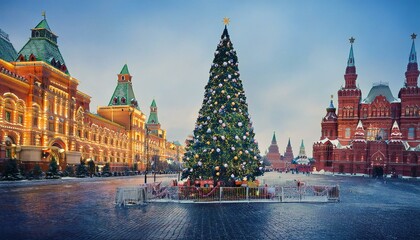 Fototapeta premium Nighttime Christmas scene featuring a sparkling tree, golden canopy, and snowy setting near iconic landmarks.