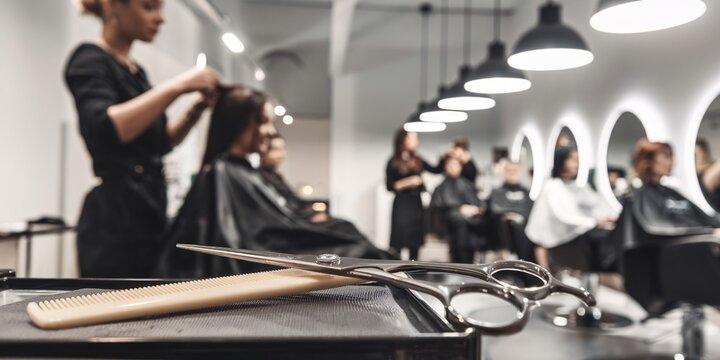 Hair Salon in Action - Scissors and Comb Close-Up. A close-up shot of professional hair styling tools, scissors, and comb, with a blurred background showcasing a busy hair salon scene. 