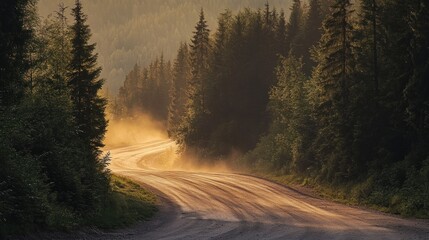 Obraz premium A winding dirt road through a forest with sunlight shining through the trees.