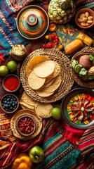 Colorful overhead shot of various Mexican food ingredients, including tortillas, vegetables, and spices, arranged on a vibrant textile.