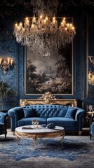 Luxurious blue velvet sofa in opulent living room with crystal chandelier and landscape painting.
