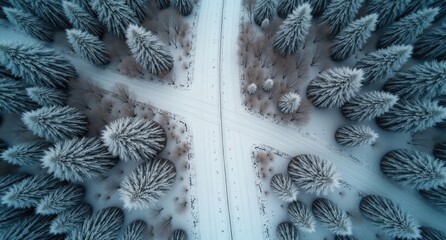 Many intersecting different Gray Dirt path surrounded by winter trees, view from above close up, ultra-realistic. A top-down view of gray dirt paths cutting through a snowy winter landscape.