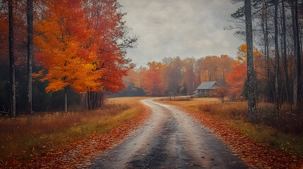 Fototapeta premium An impressionist painting-style portrayal of a country road framed by vibrant autumn trees, with their fiery-colored leaves carpeting the ground and a quaint cottage in the distance.
