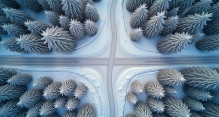 Many intersecting different Gray Dirt path surrounded by winter trees, view from above close up, ultra-realistic. A top-down view of gray dirt paths cutting through a snowy winter landscape.