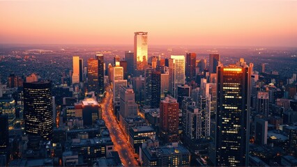 Fototapeta premium Generative AI, Modern Metropolis at Sunset with Reflective Skyscrapers