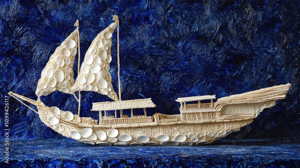 Poster intricate sampan design crafted from white eggshells art showcase creative environment creative pers