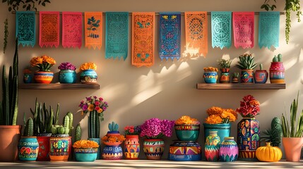 Naklejka premium Colorful pottery, plants, and papel picado banners on shelves.