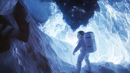 An astronaut exploring a cave system beneath the icy surface of Enceladus, one of Saturn's moons, with translucent ice walls and distant stars visible through openings