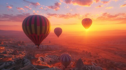 Obraz premium Colorful hot air balloons fly over a beautiful valley at sunset