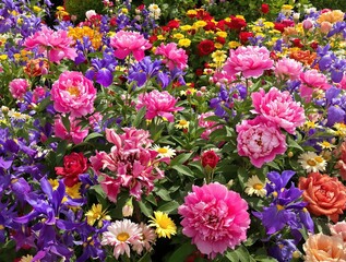 Pink peonies blooming in a lush green garden surrounded by vibrant flowers, garden, pink peonies, botanical, colorful blooms
