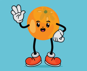 Fototapeta premium Orange Fruit Cartoon Mascot Waving Hand with Happy Expression in Flat Cute Cartoon Style or Orange Fruit Cartoon Mascot with Arms and Legs