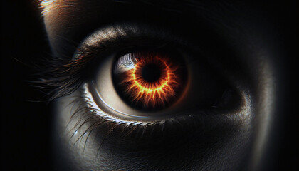 A striking close-up of a human eye with a fiery, glowing iris set against a dark background. Captures concept of intensity, mystery, and power.