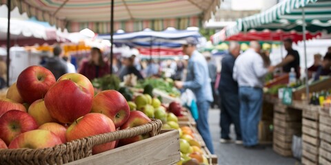Obraz premium Fresh Apples at Farmers Market. A close-up of a basket filled with fresh apples in the foreground, with a bustling farmers' market scene blurred in the background. 