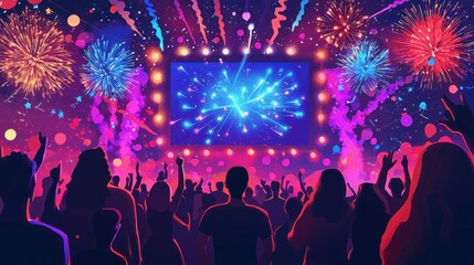 Vibrant Celebration Scene with Fireworks and Colorful Lights at A Festival, Spectators Enjoying the Spectacle Under a Starry Night Sky