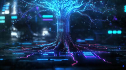 Futuristic Neural Tree with Glowing Data Roots and Cybernetic Connections &ndash; Sci-Fi Concept of Technology and AI Networks