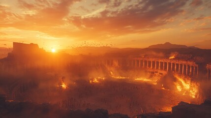 Fiery Ancient Arena at Sunset Stirring Dramatic Atmosphere and Timeless Historical Moments