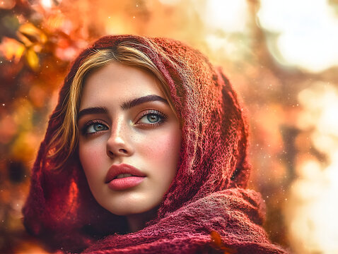 Enigmatic Woman in Red Shawl with Autumn Backdrop