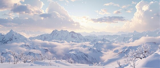 Naklejka premium Panoramic view of a vast snowy meadow with empty space and frosty atmosphere, peaceful winter scene, calm atmosphere