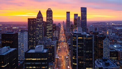 Obraz premium Generative AI, Modern Metropolis at Sunset with Reflective Skyscrapers